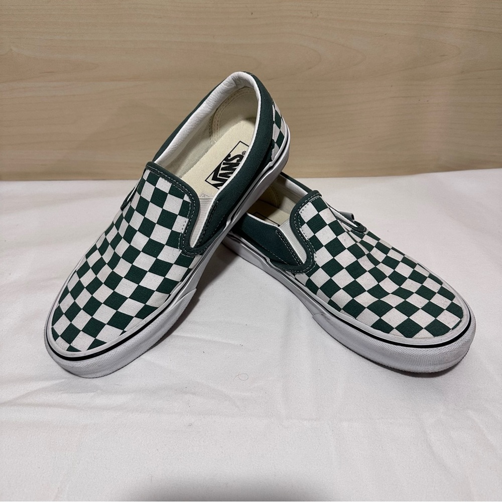 Green and White Checkered Slip-On Shoes